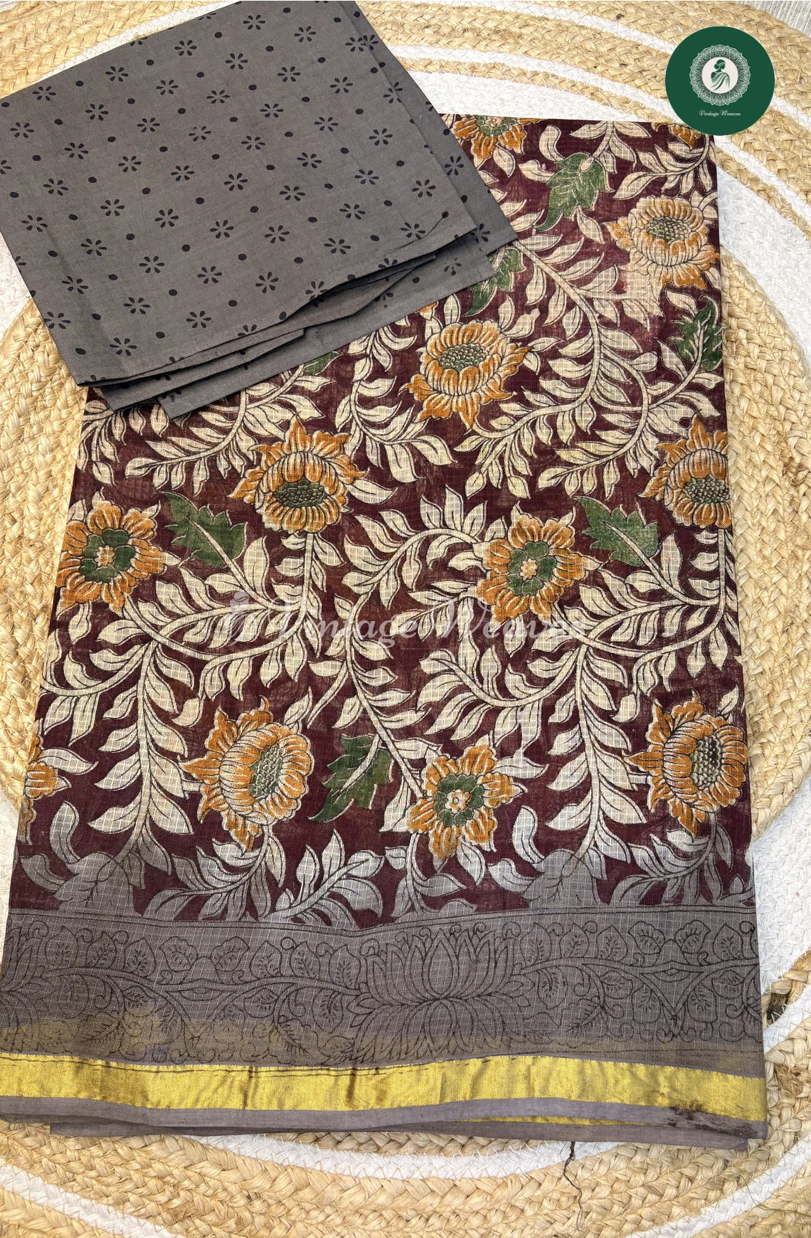 Kota Cotton Saree Kalamkari Flower Print-Marron