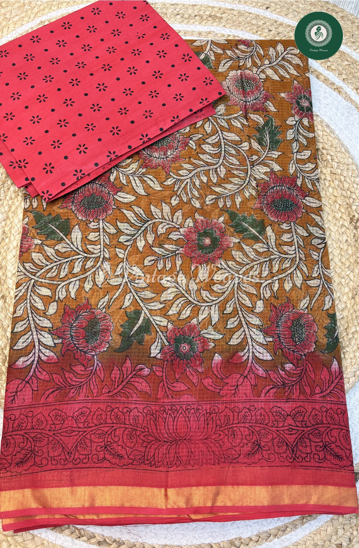 Kota Cotton Saree Kalamkari Flower Print-Yellow