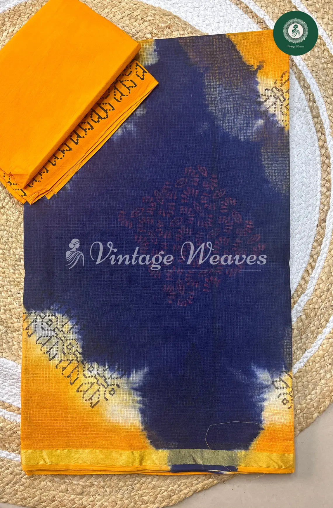 Kota Cotton Saree With Floral Body -Dark Blue With Yellow