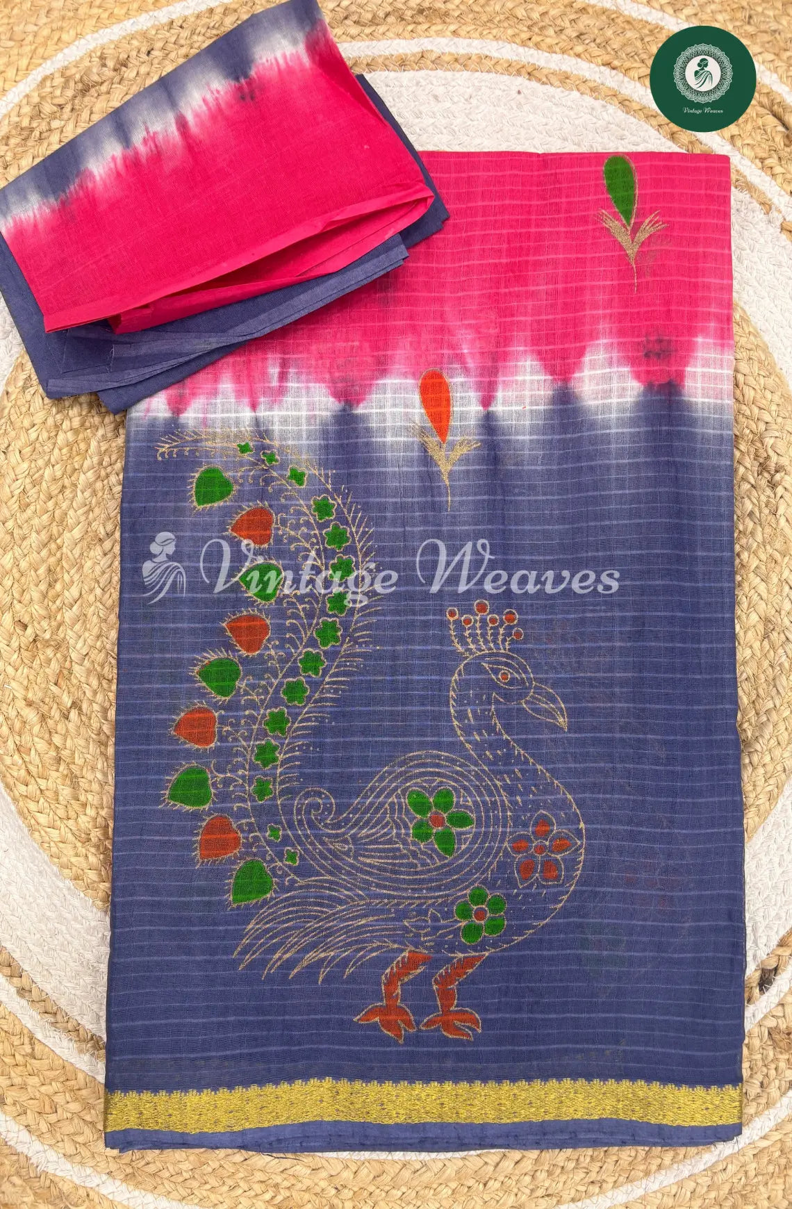 Kota Cotton Saree With Peacock Border-Pink