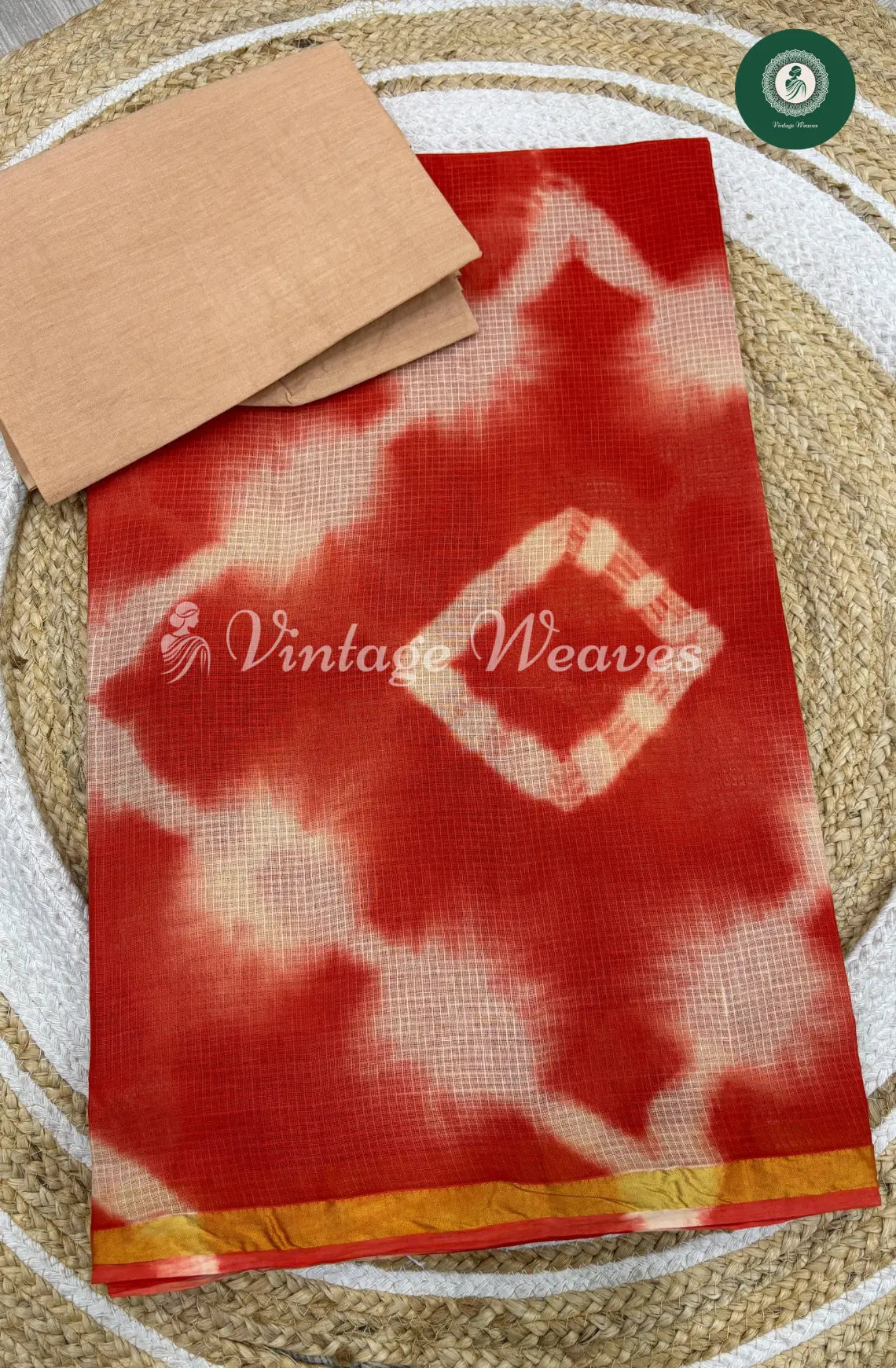 Kota Cotton Saree With Shibori Print-Orange