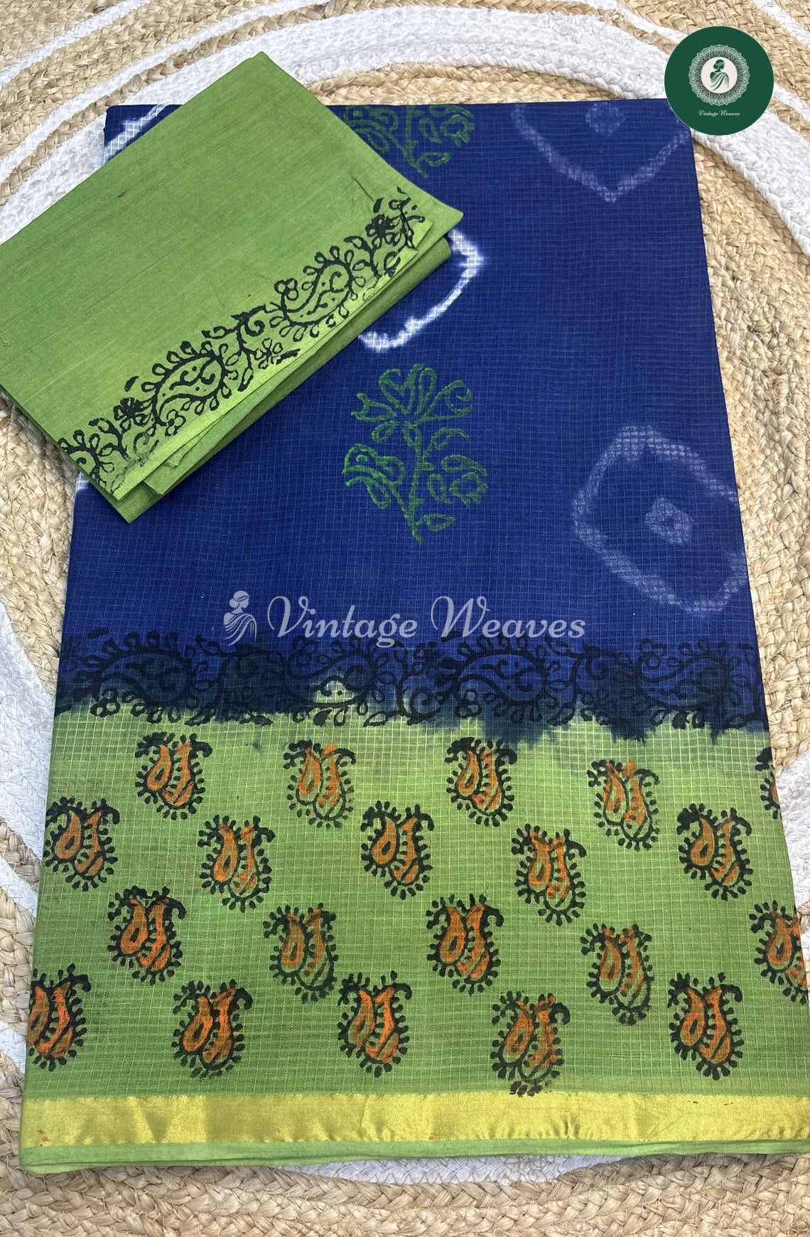 Kota Cotton Saree With ZariBorder-BlueWithGreen