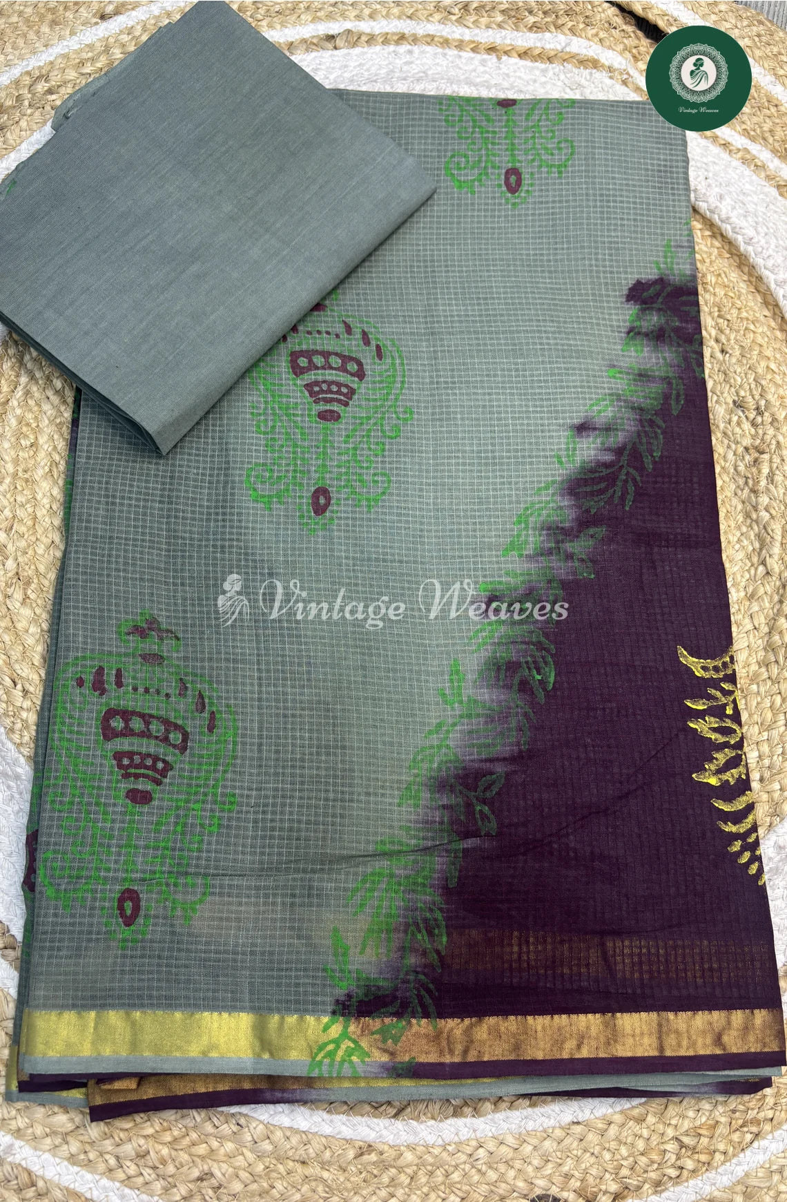 Kota Cotton Saree With ZariBorder -GreyWithPurple