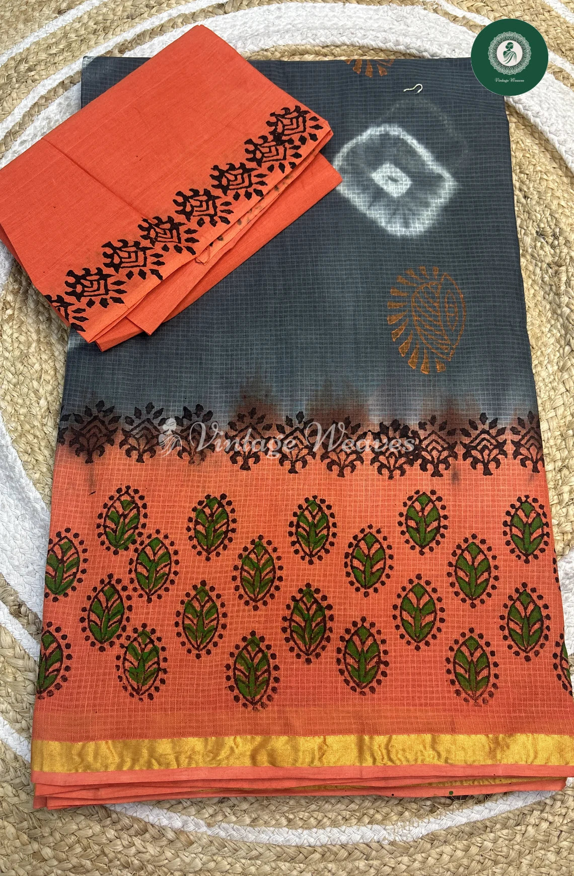 Kota Cotton Saree With ZariBorder-GreywithOrange