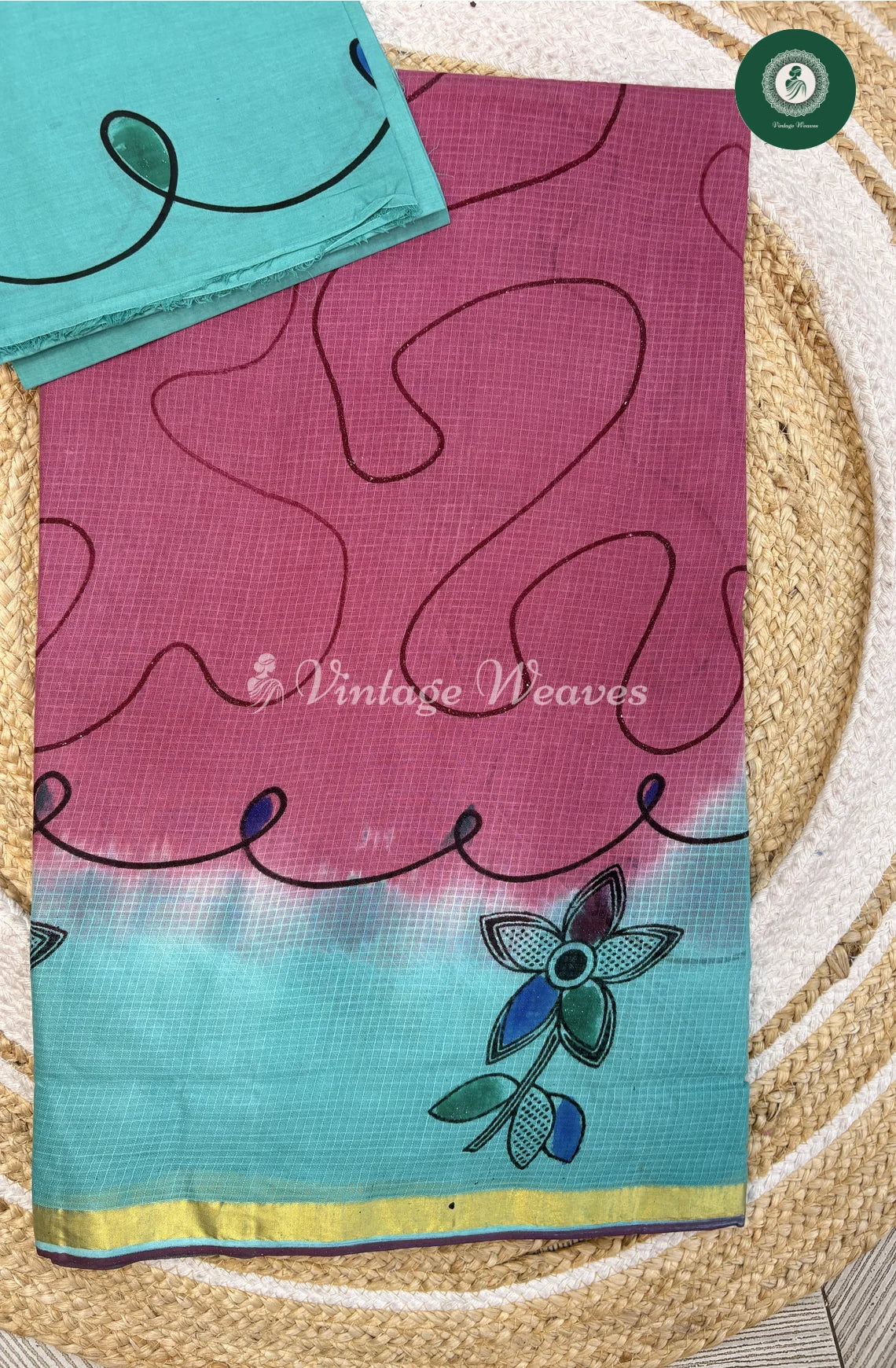 Kota Cotton Saree with Abstarct Lines-DuskyRose