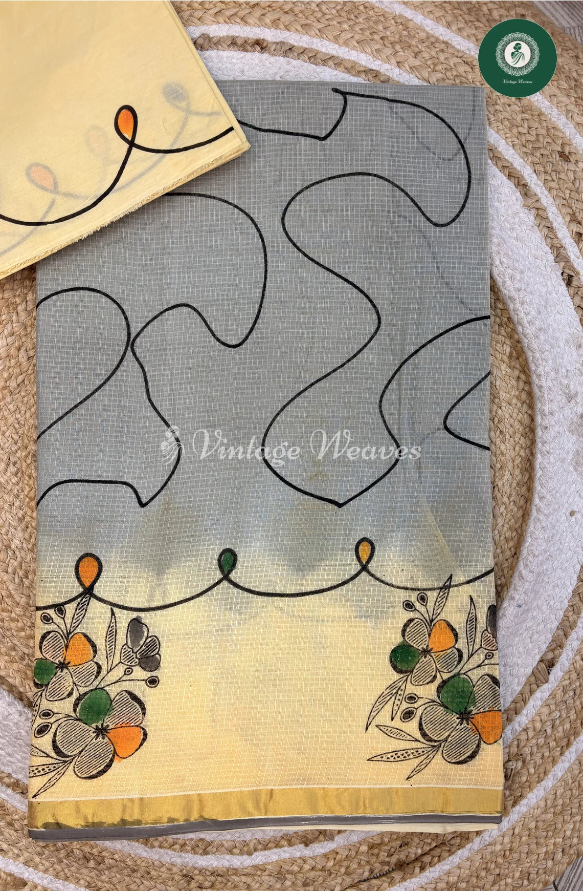 Kota Cotton Saree with Abstarct Lines-Grey