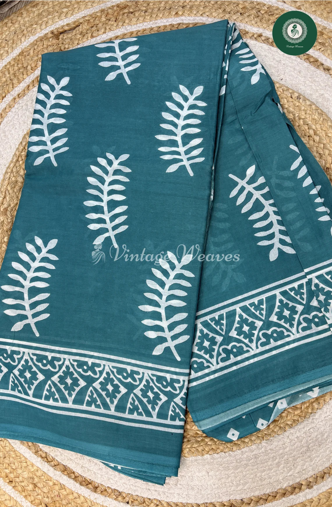 Leaf HandBlock Printed Mul Cotton Saree-LightBlue
