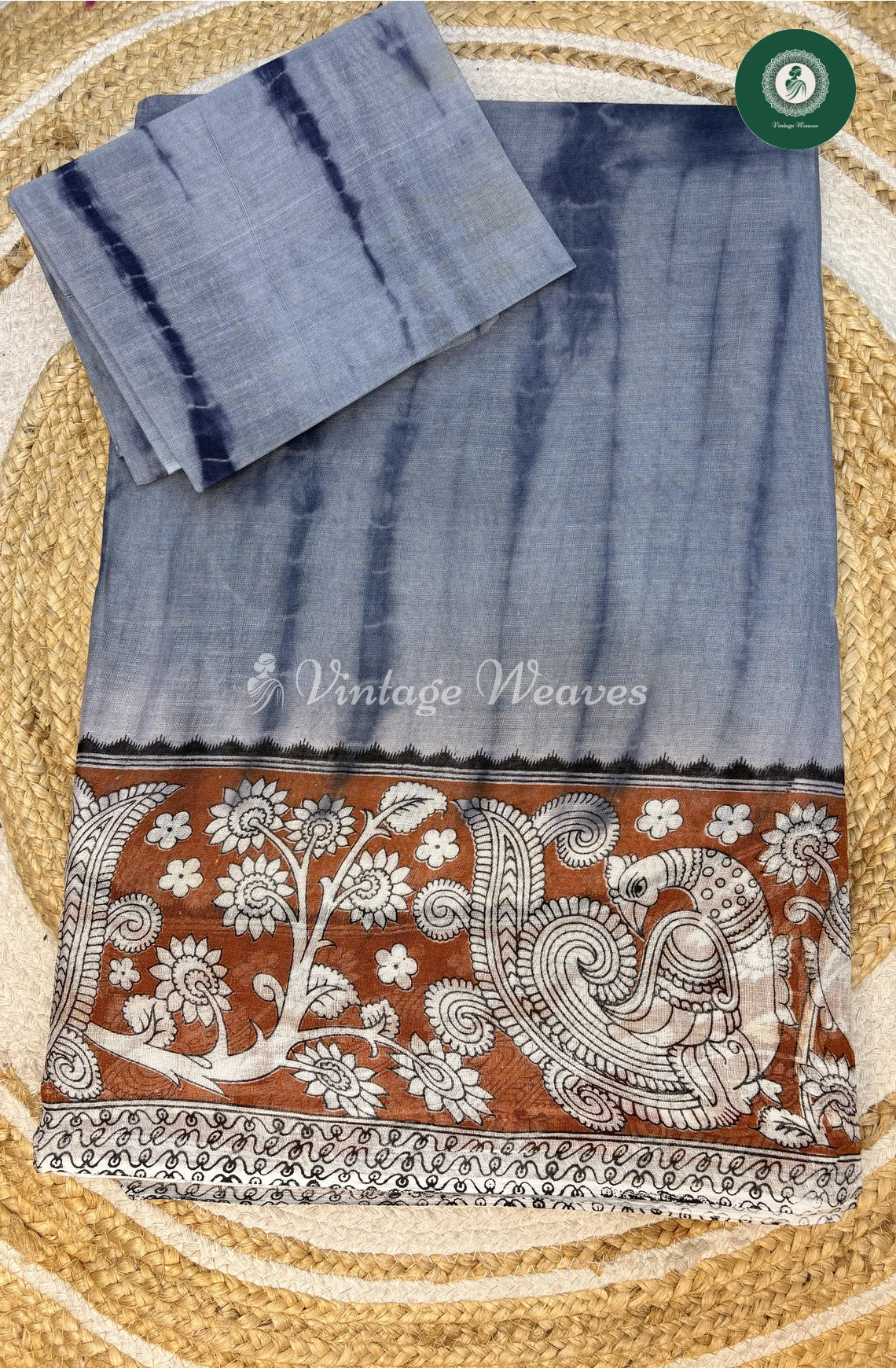 LightWeight Shibori Peacock Cotton Saree-Grey