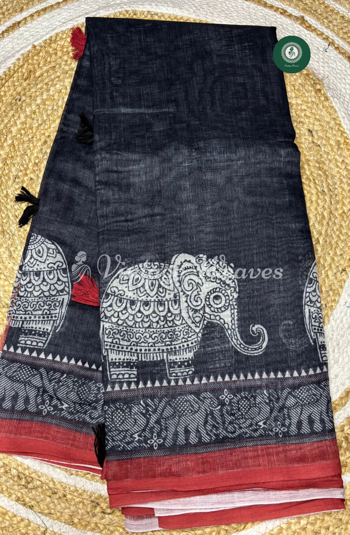 Linen Saree With Elephant Print-Black