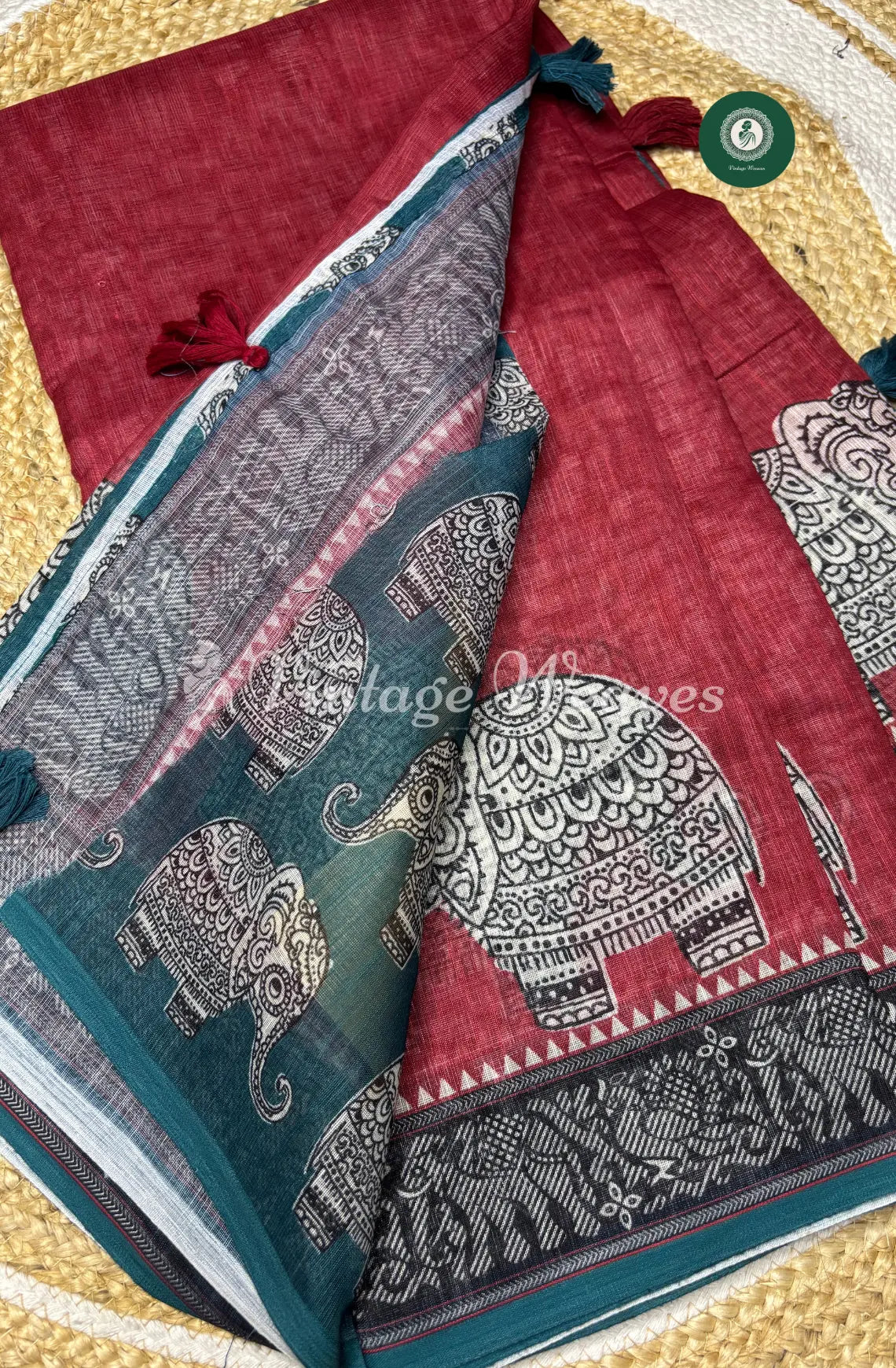 Linen Saree With Elephant Print-Red
