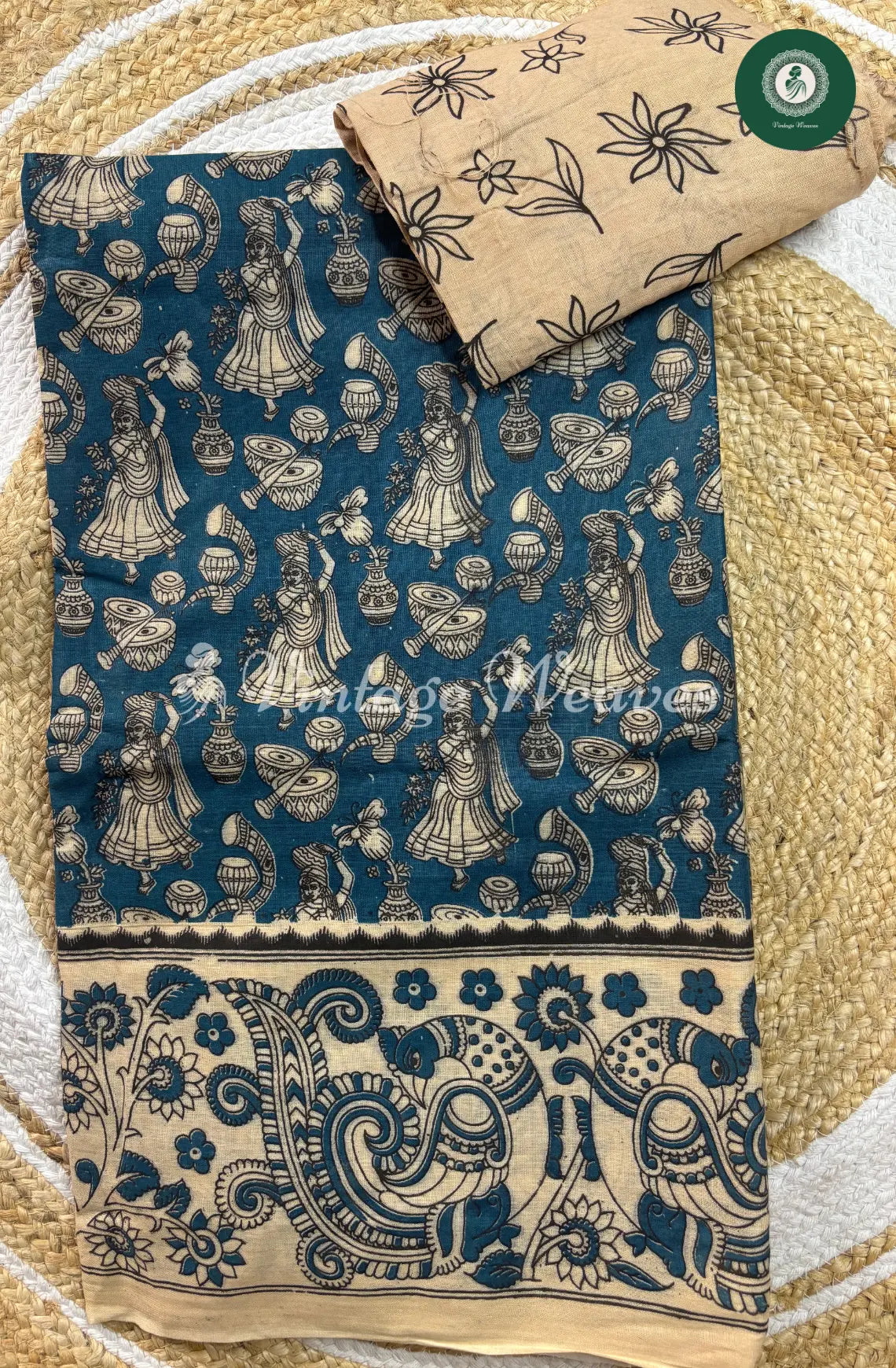 Malai Cotton Foral Kalamkari Printed Saree-Blue