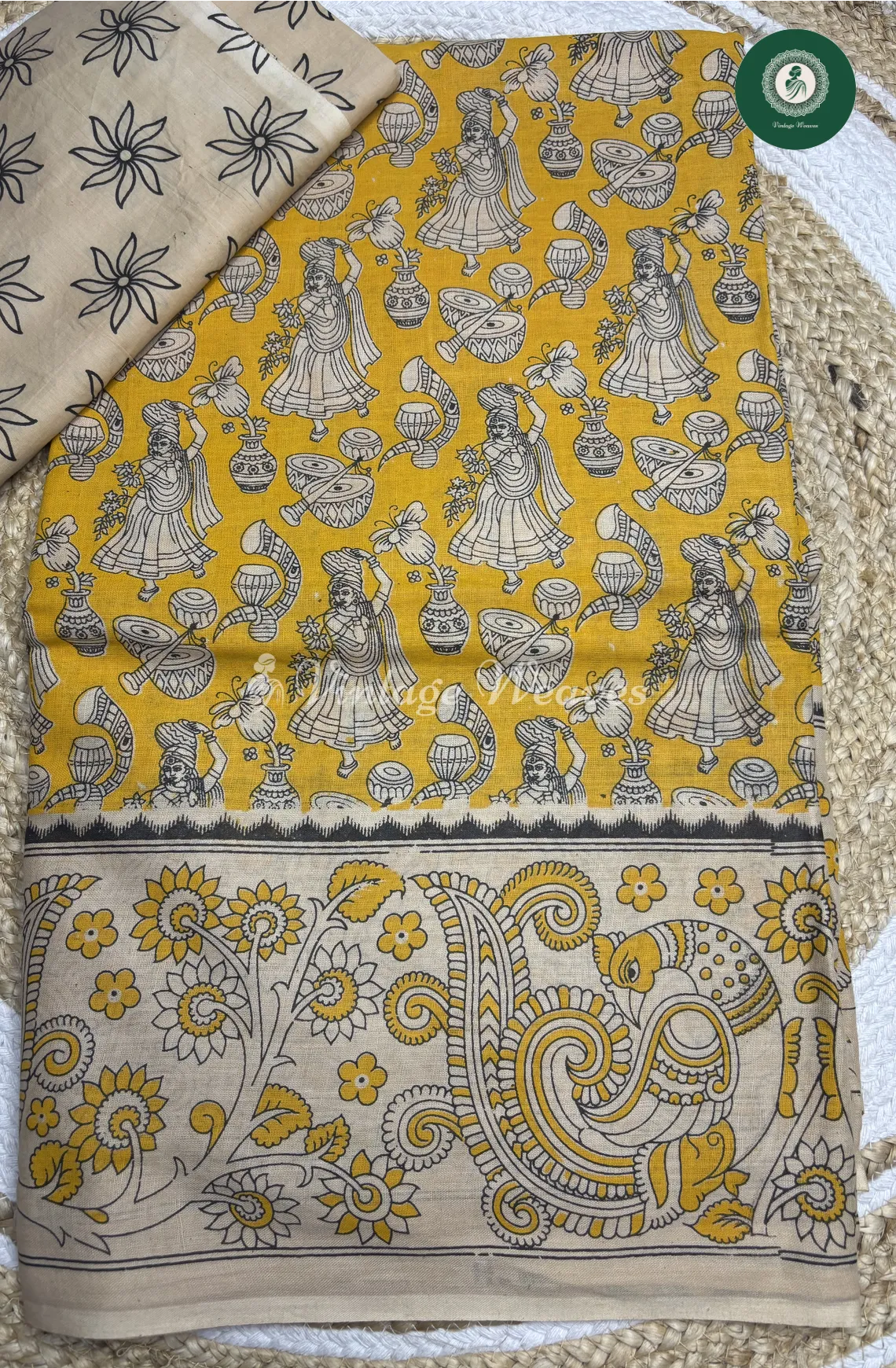 Malai Cotton Veena Kalamkari Printed Saree-Yellow