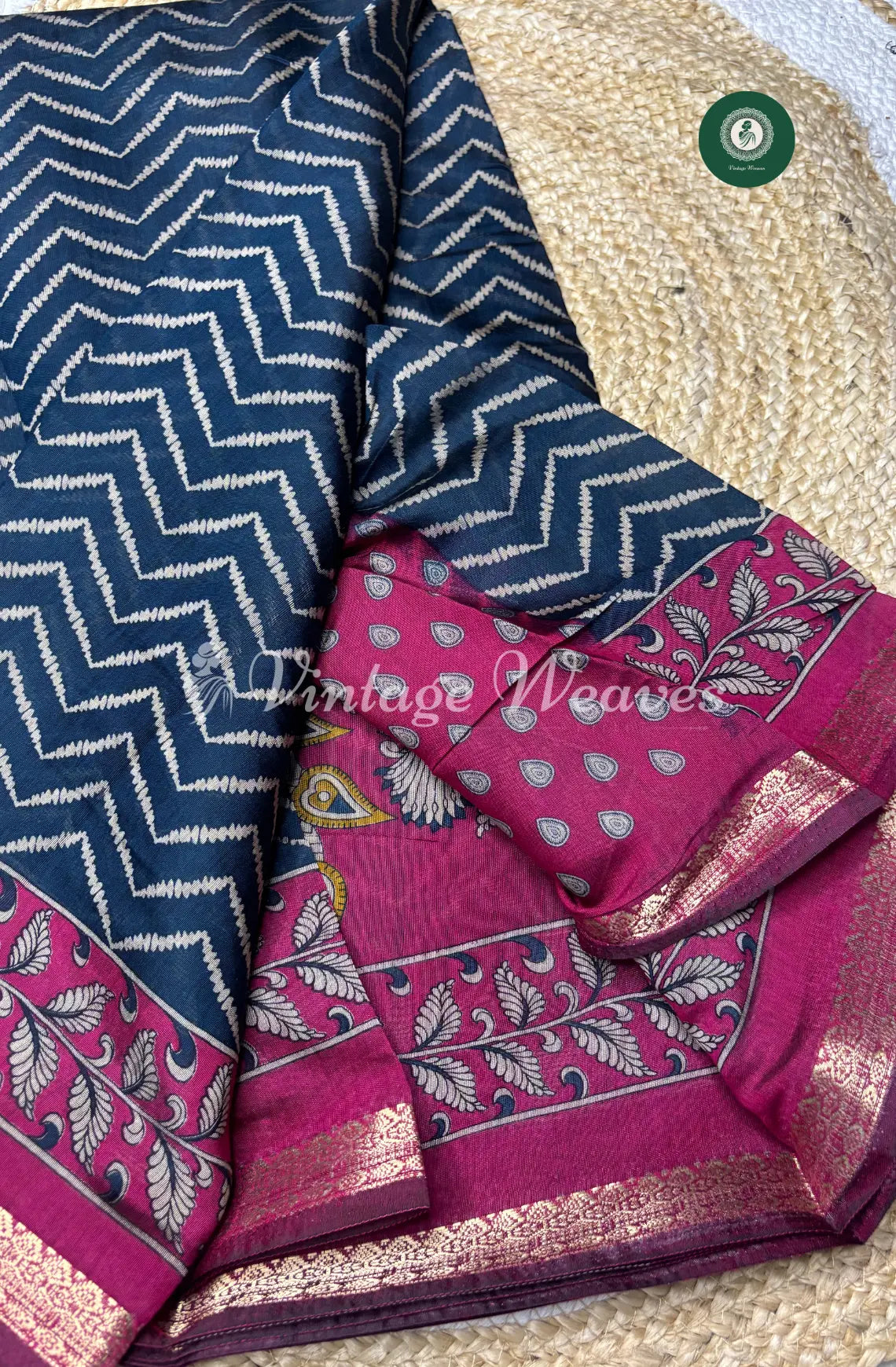 Mangalagiri Silk Saree With Zigzag Body With Zari Border-Blue