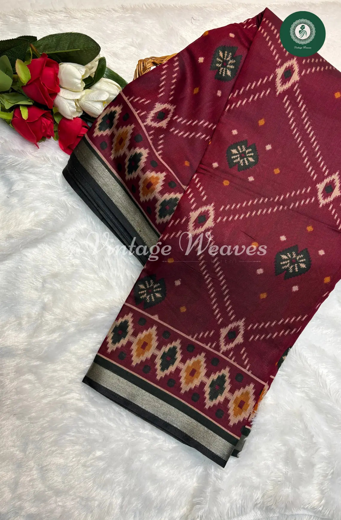 Mangalakiri Maroon Ikkat Silk Saree with Green border
