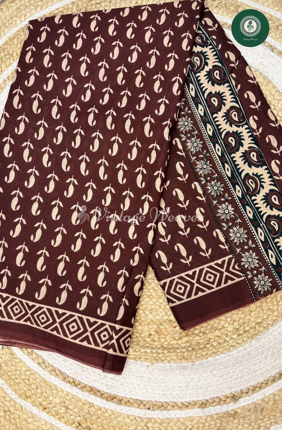 Mango HandBlock Printed Mul Cotton Saree -Marron