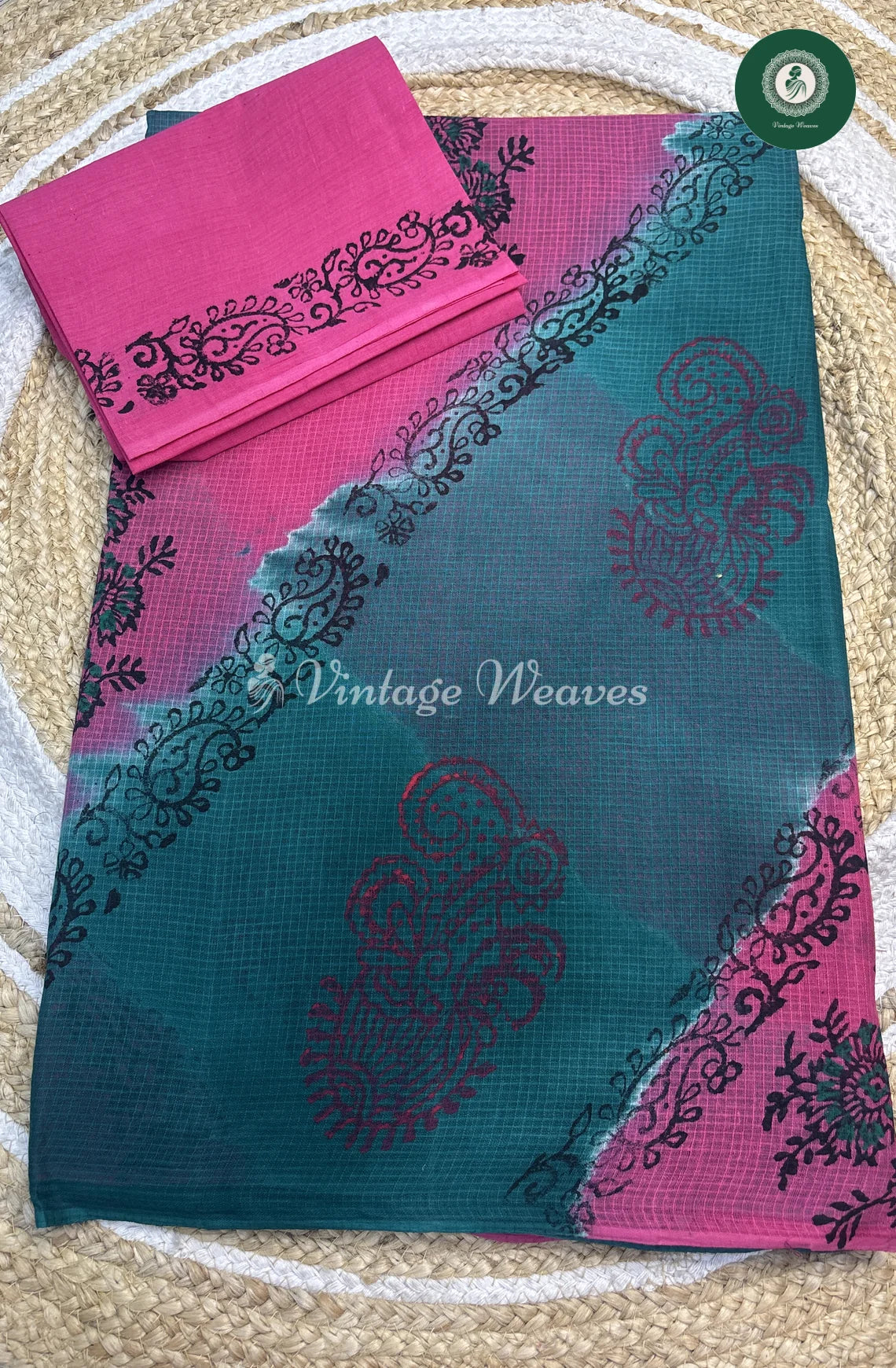 MoongaCottonSaree-PinkWithBlue