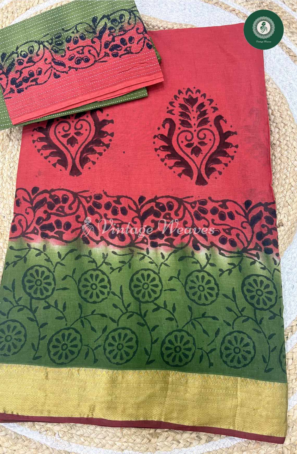 Moonga Cotton With ZariBorder-RedwithGreen
