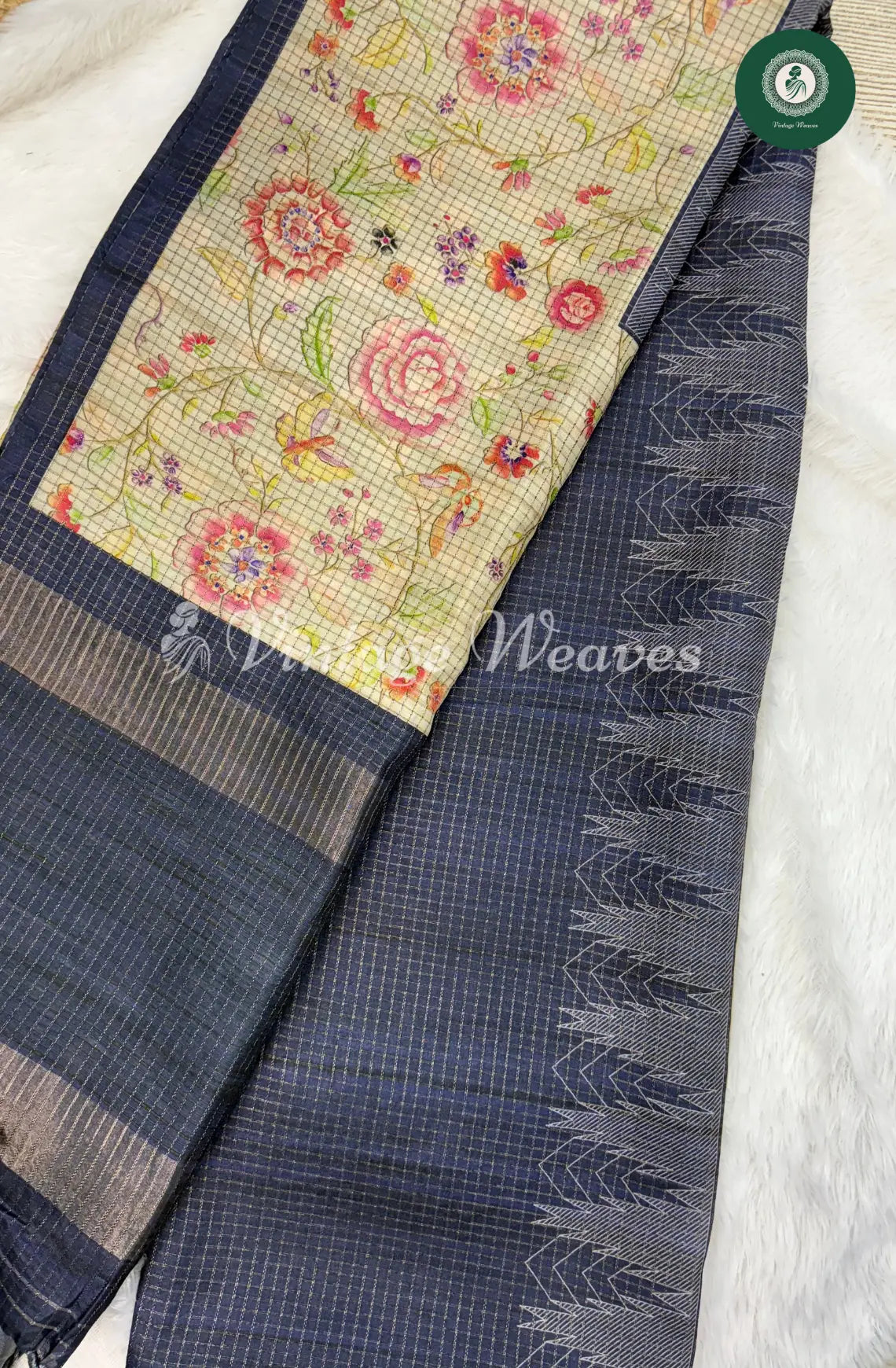 Moonga Tusser Saree with Floral Border-Blue