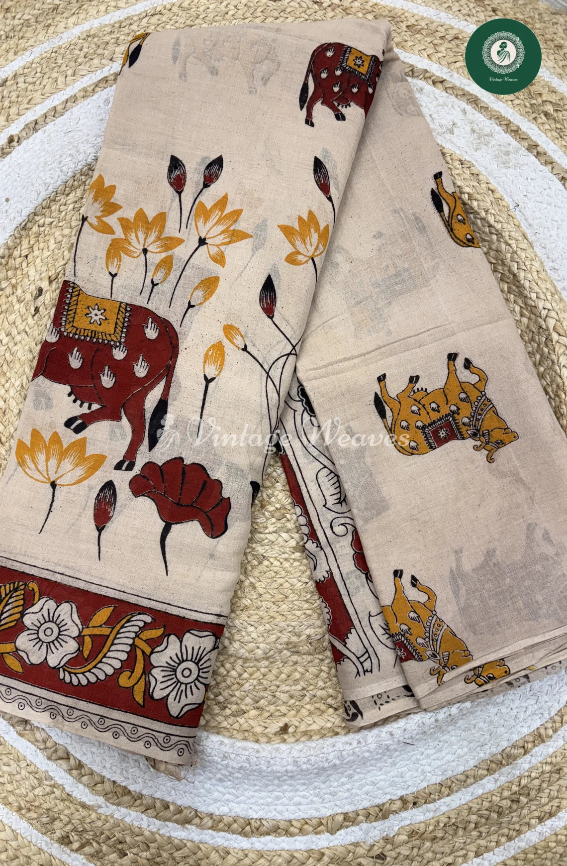 Mul Cotton Kalamkari Saree Cow-Halfwhite