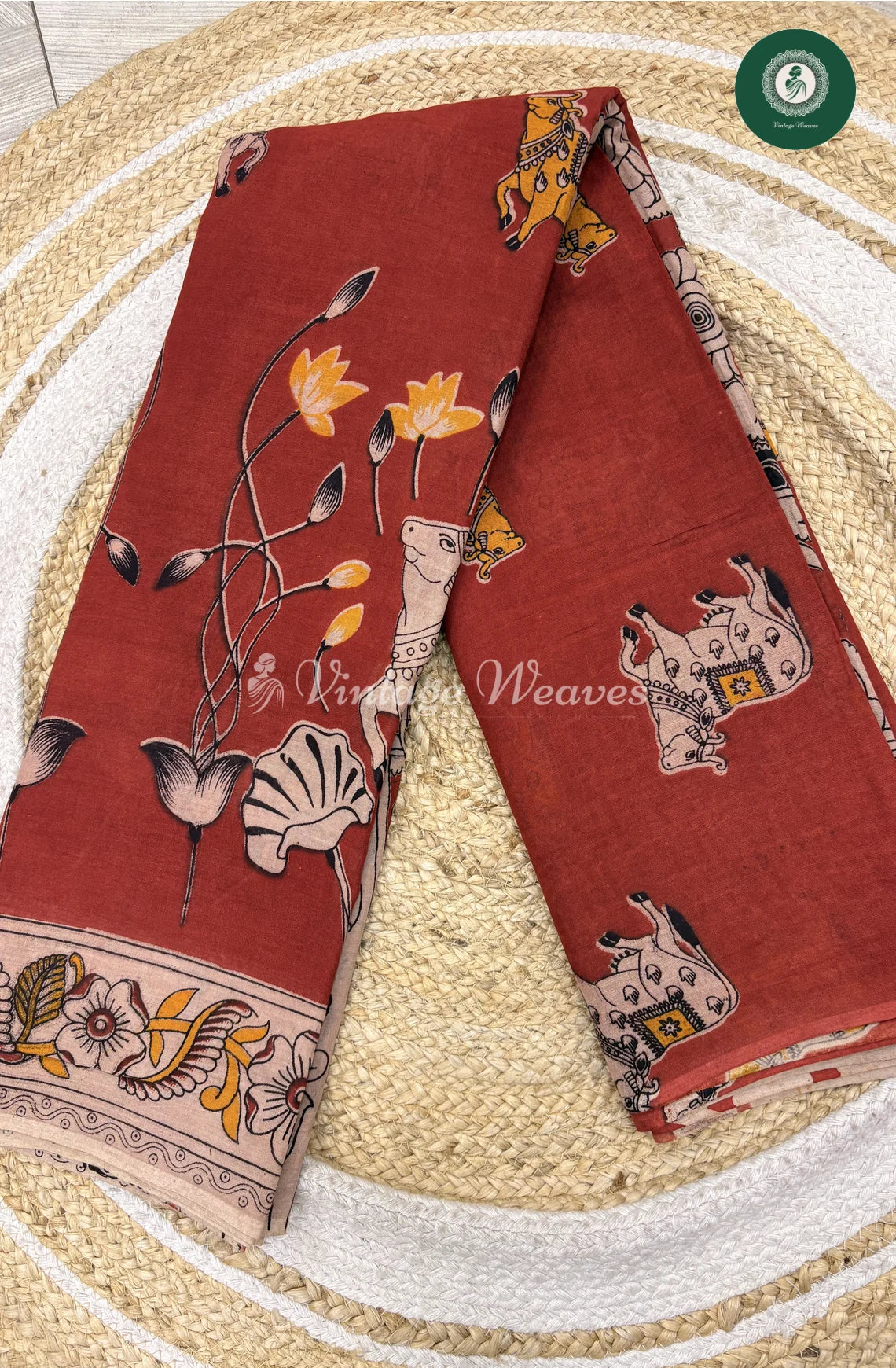 Mul Cotton Kalamkari Saree Cow-Marron
