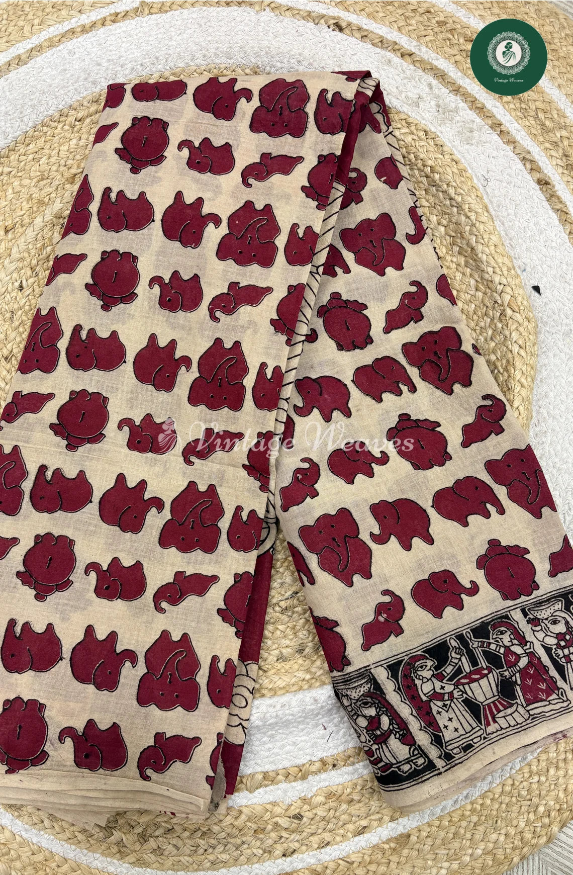 Mul Cotton Kalamkari Saree Elephant-Pink