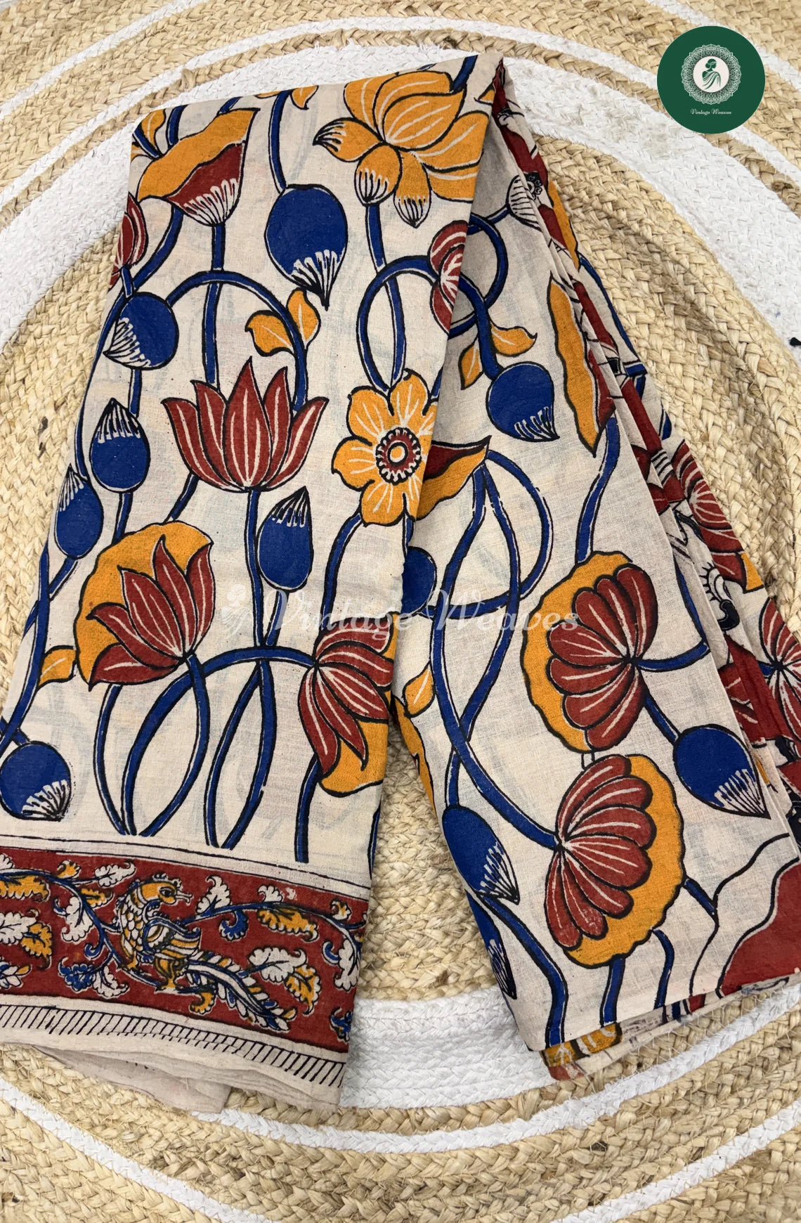 Mul Cotton Kalamkari Saree Flower -Blue