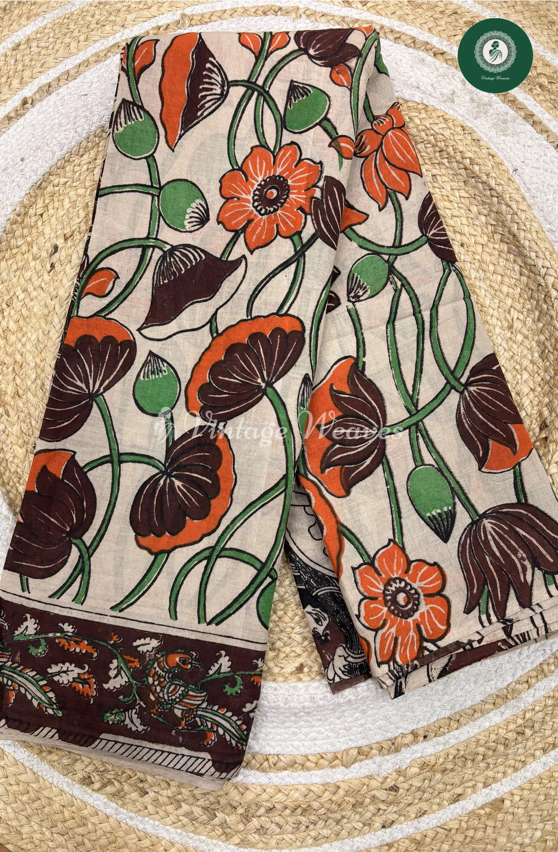 Mul Cotton Kalamkari Saree Flower-Halfwhite
