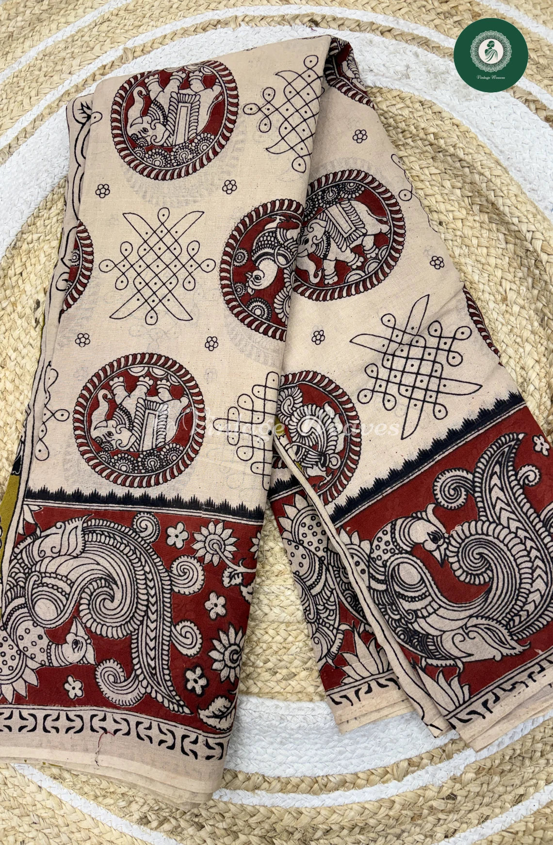 Mul Cotton Kalamkari Saree Kollam-Marron