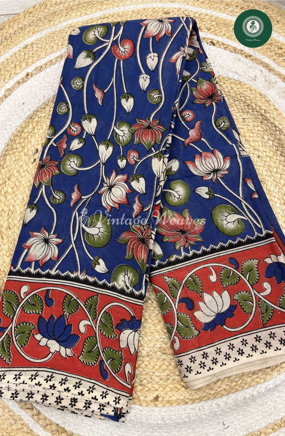 Mul Cotton Kalamkari Saree Lotus-Blue