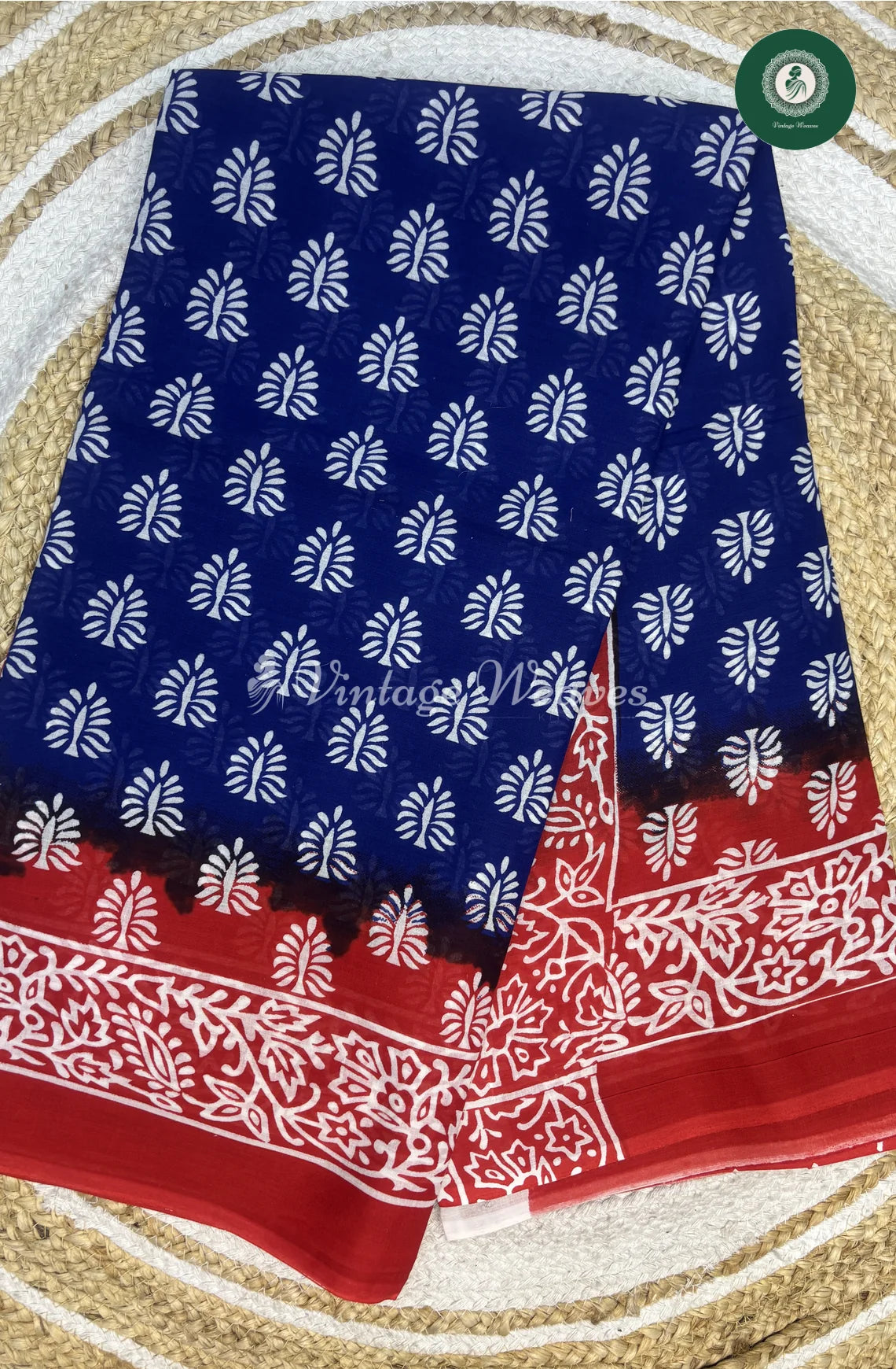 Mul Cotton Saree -Blue With Red Color