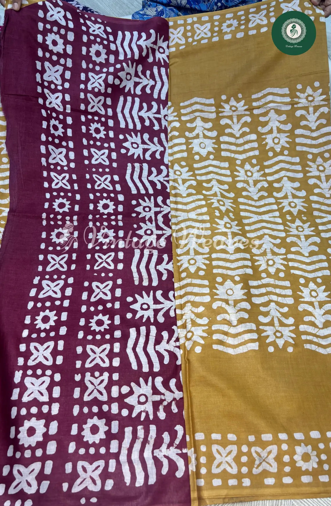 Mul Cotton Saree Batik Print Contrast Pallu-Mustard