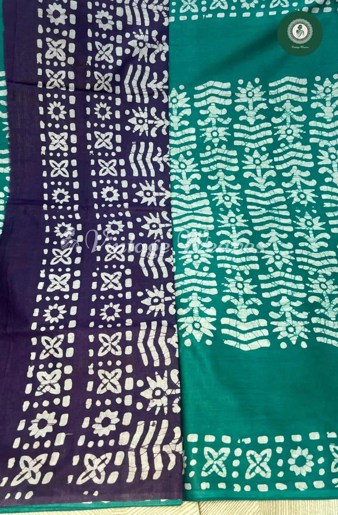 Mul Cotton Saree Batik Print Contrast Pallu1-SeaGreen