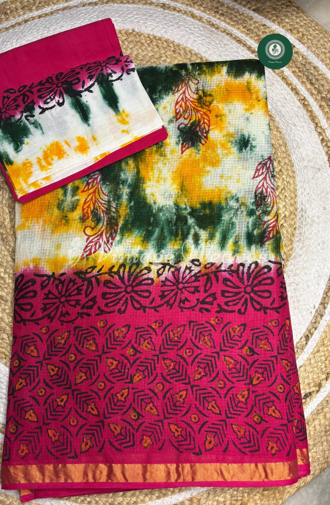 Multicolor Kota Cotton Saree With Mango Printed Mild Zari Border-Pink