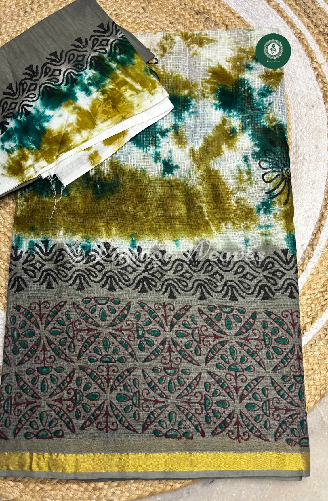 Multicolor Kota Cotton Saree With Varli Printed Mild Zari Border-Grey