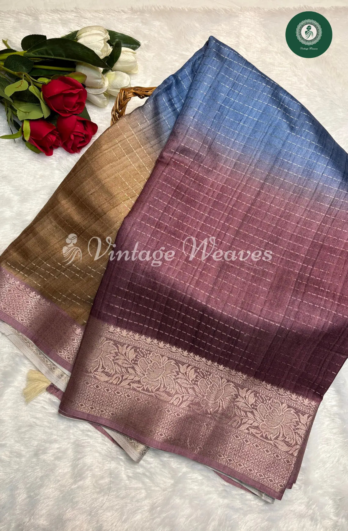 Ombre Banarasi Saree TealBlue and Brown With floral border