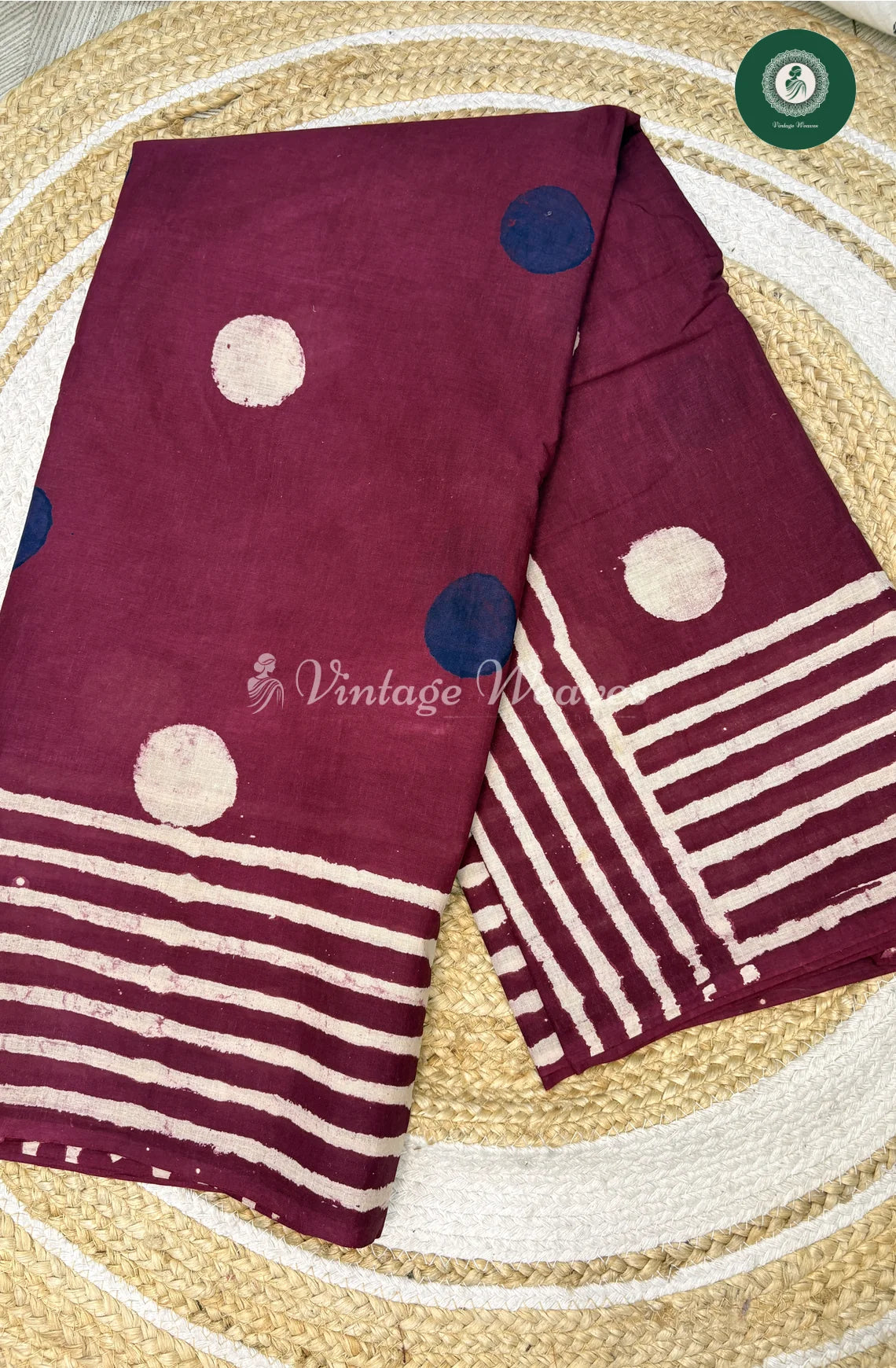 Polka Dots HandBlock Printed Mul Cotton Saree-Purple_1