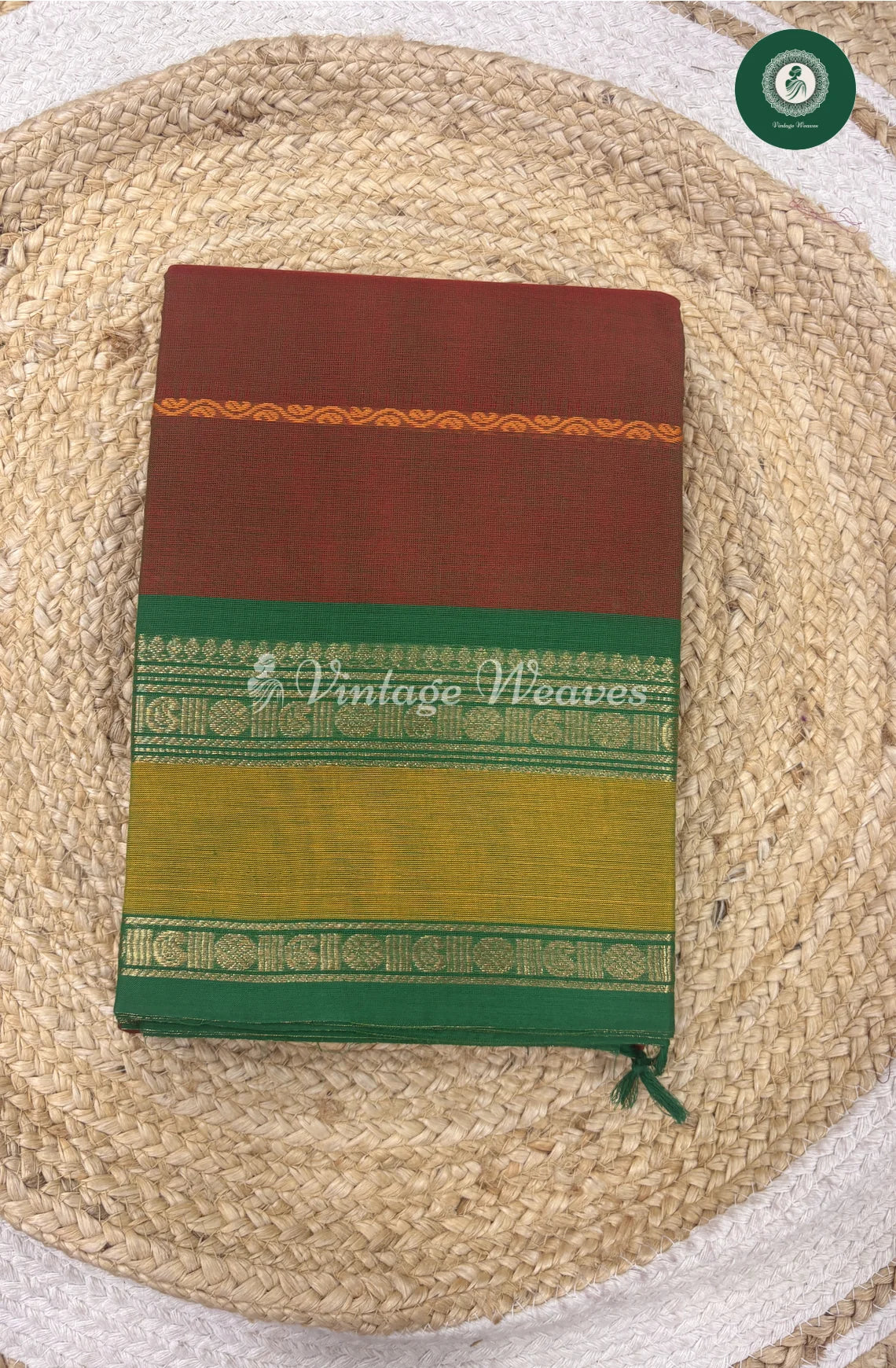 Premium 100Count Chettinad Cotton Saree-BrownwithGreen_1