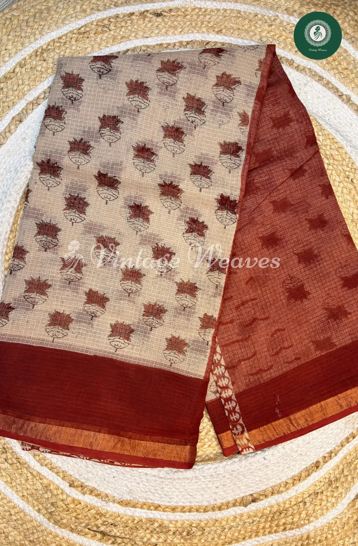 Premium Kota Cotton Saree-Ivory with Brown