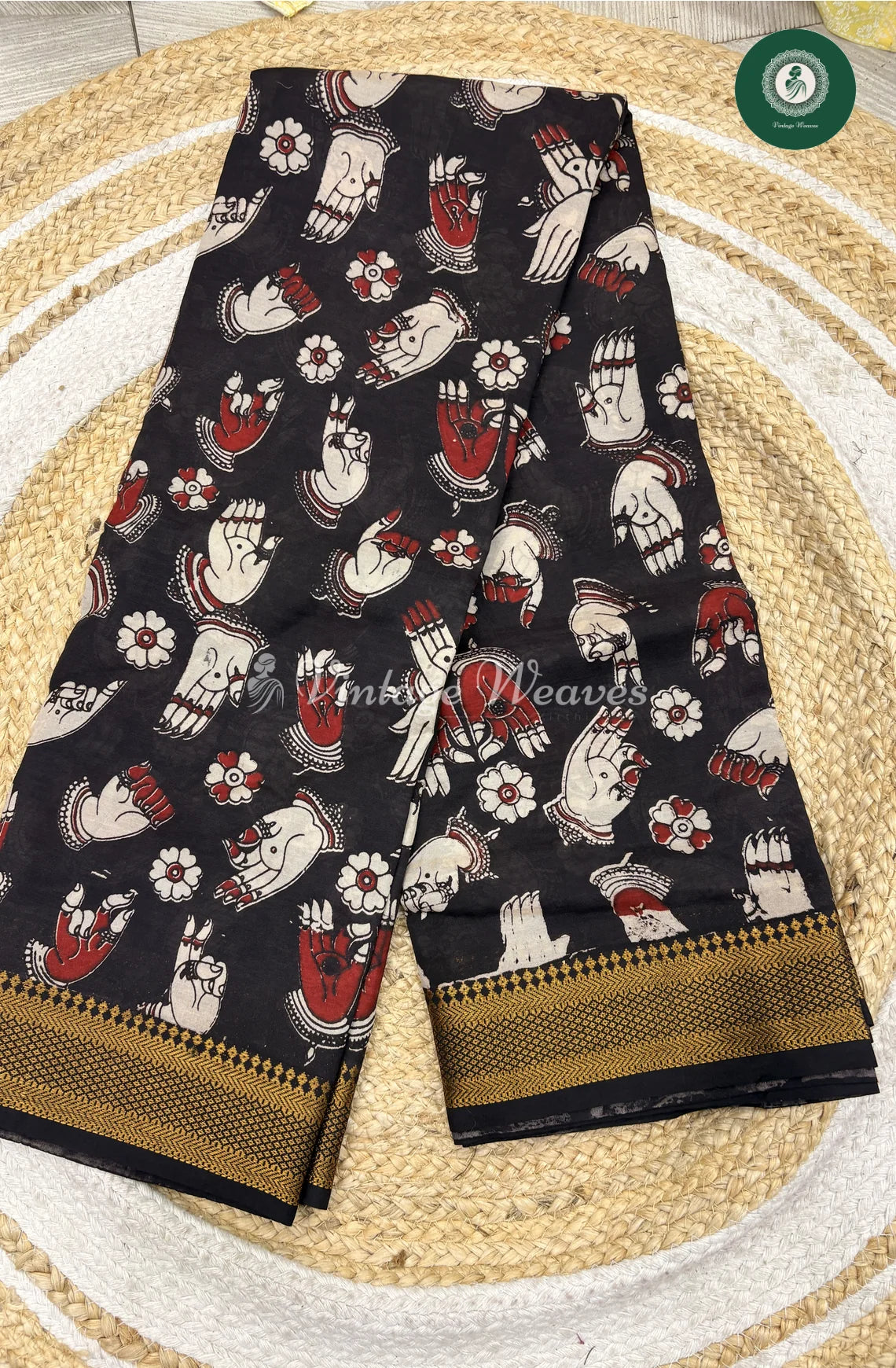 Premium Nizam Border Kalamkari Saree-Black