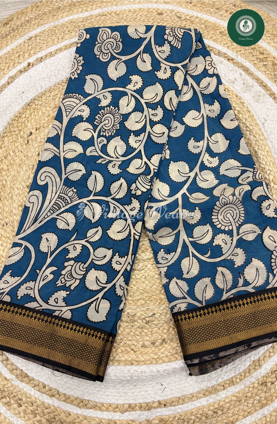 Premium Nizam Border Kalamkari Silk Saree-Blue
