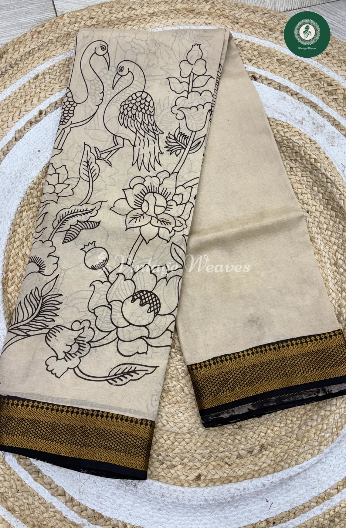 Premium Nizam Border Kalamkari Saree Flower-Ivory
