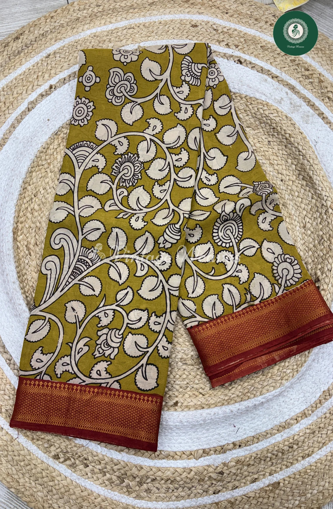 Premium Nizam Border Kalamkari Saree Leaf-Green