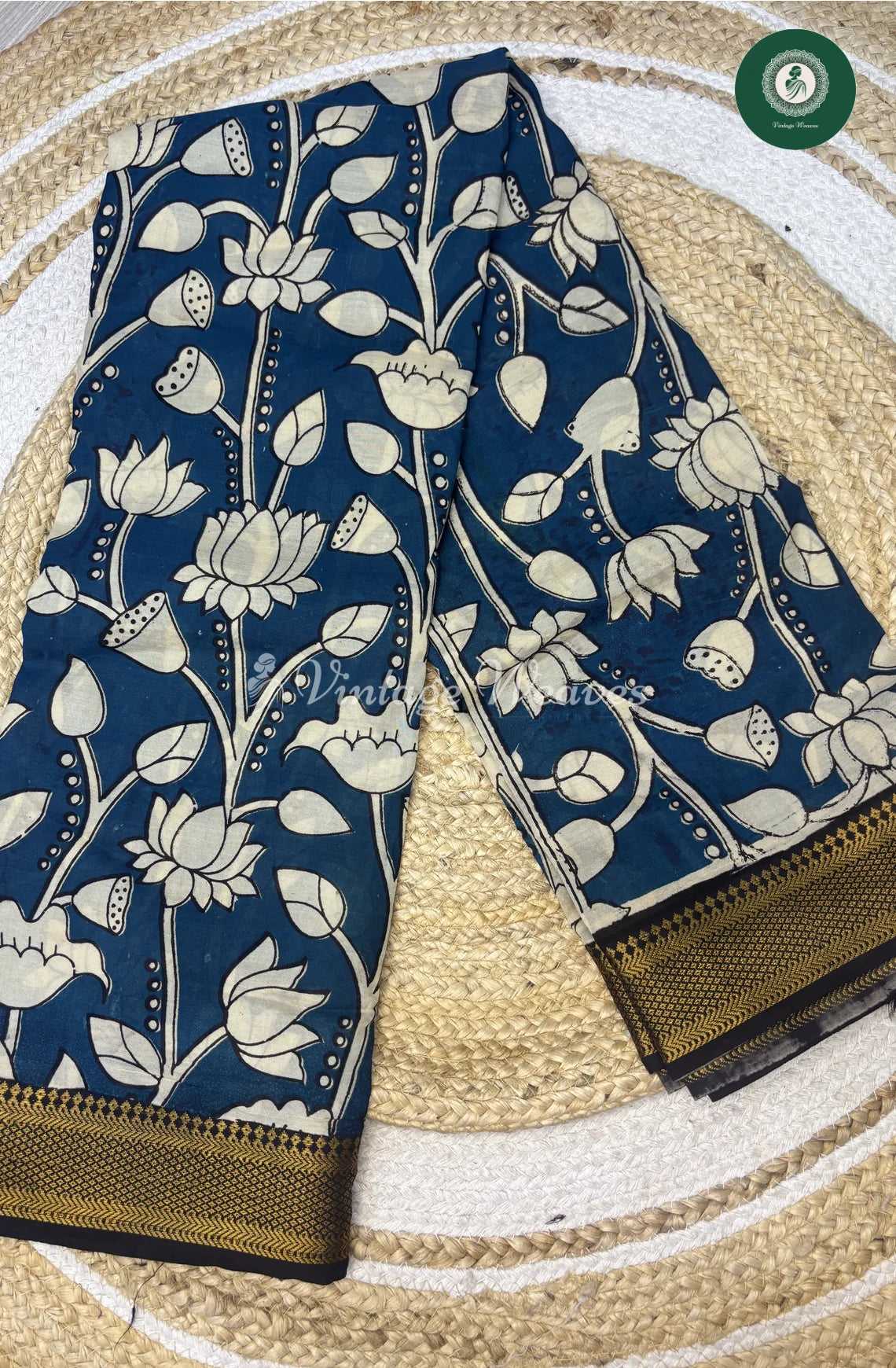 Premium Nizam Border Kalamkari Saree Lotus-Blue