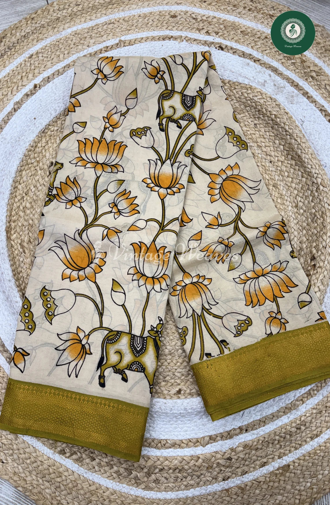 Premium Nizam Border Kalamkari Saree Lotus-White