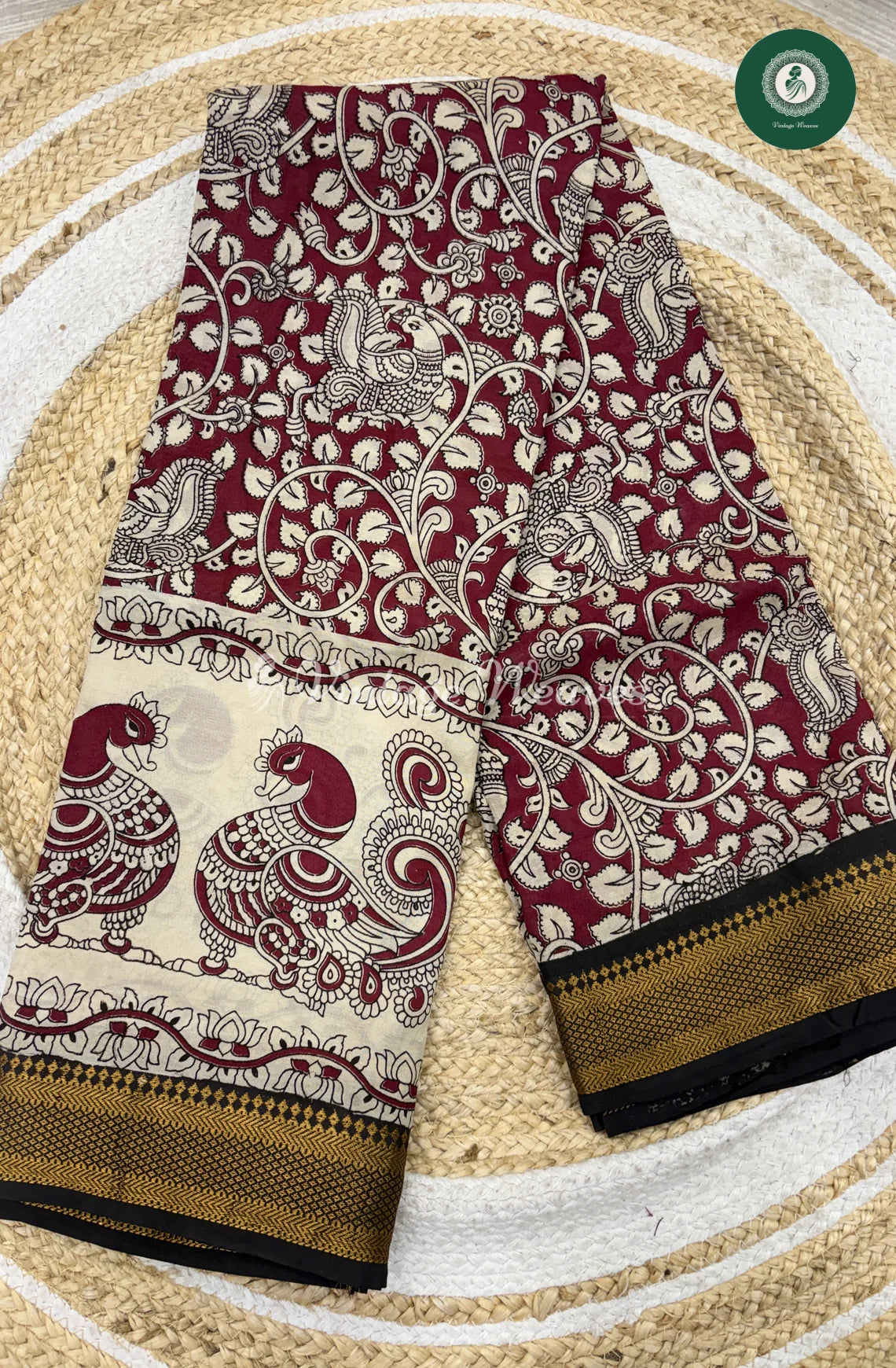 Premium Nizam Border Kalamkari Saree Peacock-Marron