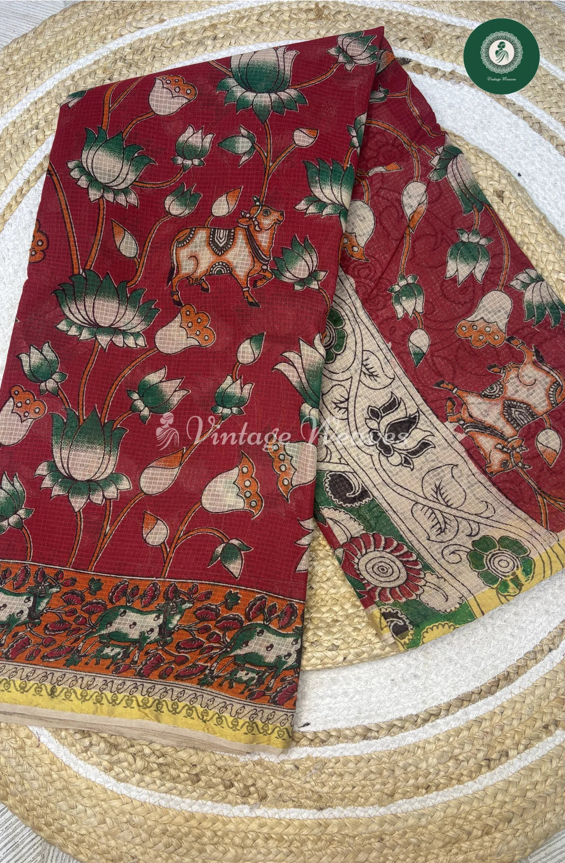 Premium Traditional Kalamkari Kota Lotus-Red