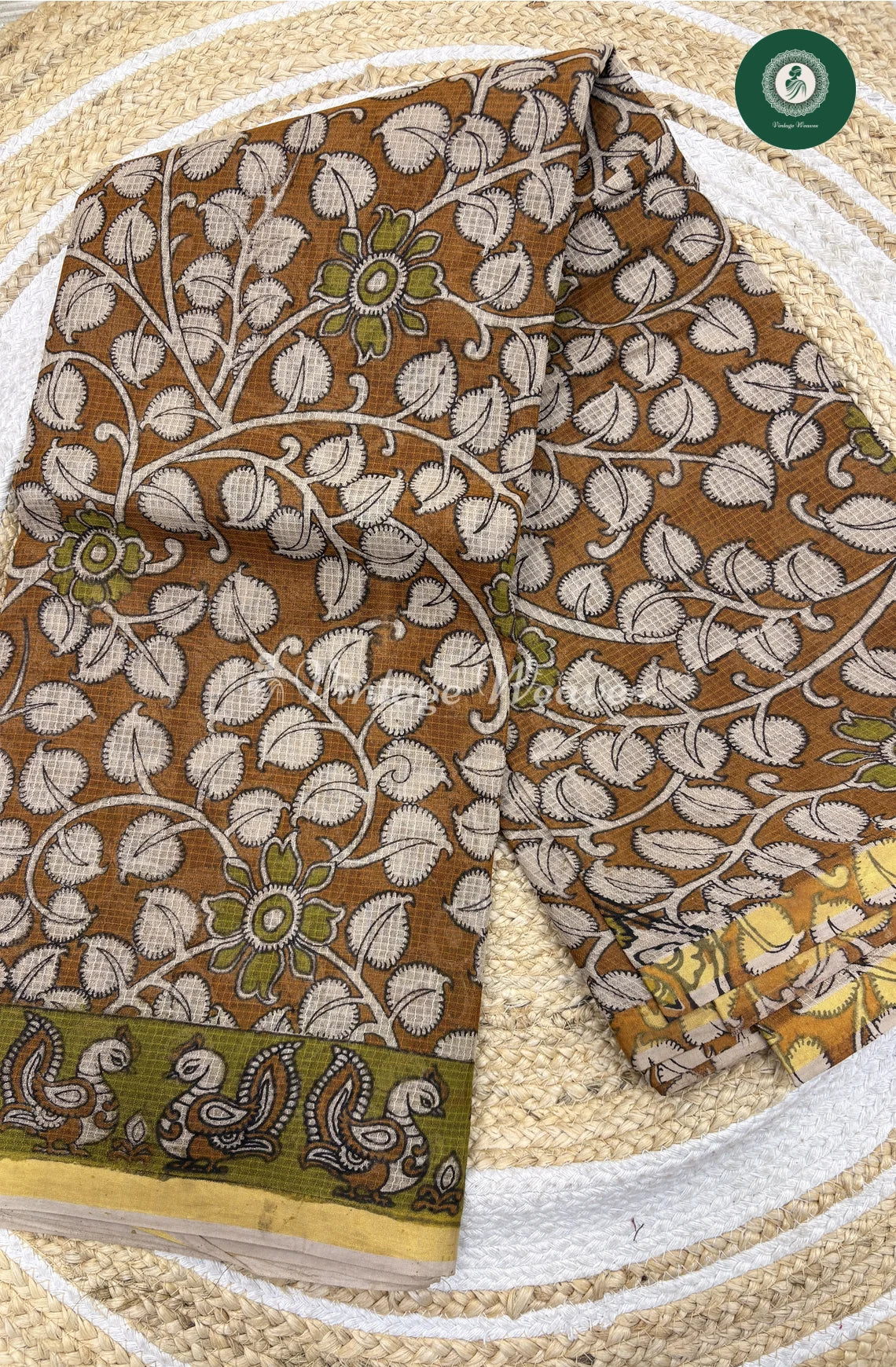 Premium Traditional Kalamkari Kota Saree Leaf-Mustard