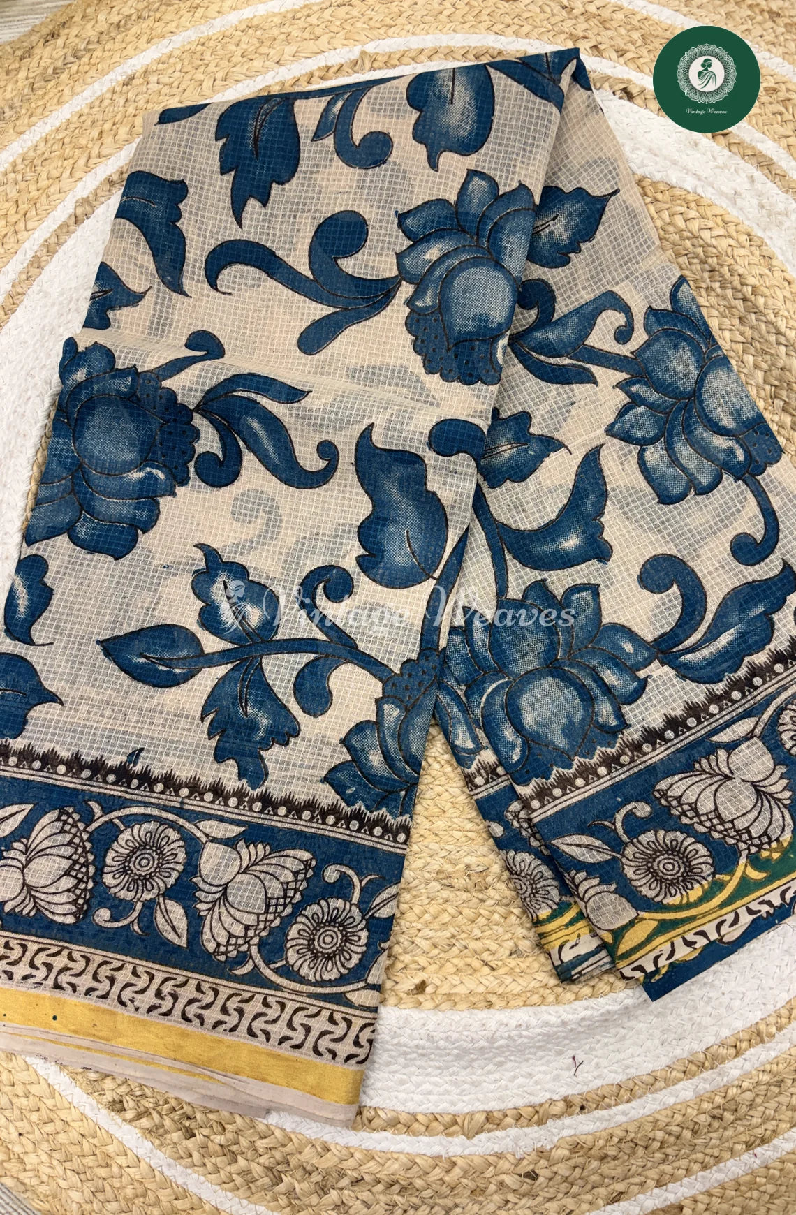 Premium Traditional Kalamkari Kota Saree Leaf-Skyblue