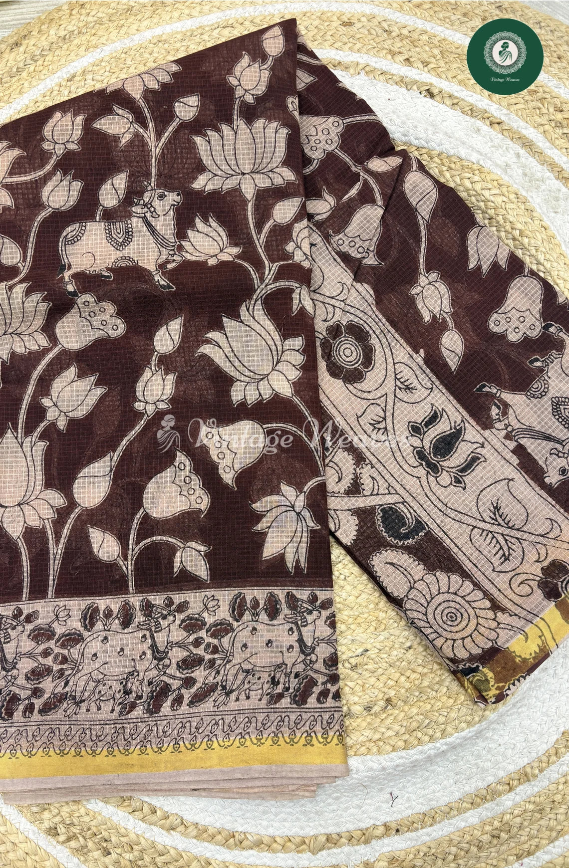 Premium Traditional Kalamkari Kota Saree Lotus-Marron_2
