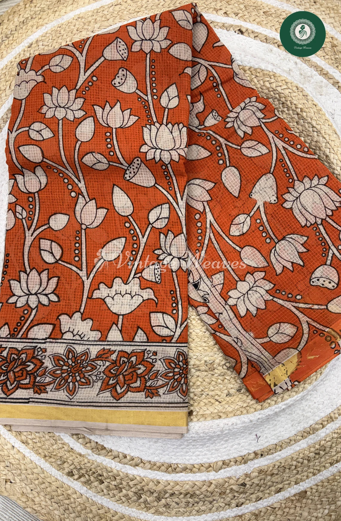 Premium Traditional Kalamkari Kota Saree Lotus-Orange
